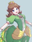  1girl :d alternate_color blue_eyes breasts brooch brown_hair crown dress earrings eyebrows_visible_through_hair flipped_hair flower_earrings gem green_dress happy highres jewelry looking_at_viewer mario_(series) medium_breasts medium_hair misowhite nintendo open_mouth princess princess_daisy puffy_short_sleeves puffy_sleeves sassy short_sleeves smile solo super_mario_land super_smash_bros. tomboy 