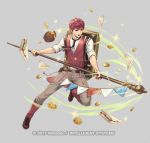  1boy bag belt biscuit boots cuboon fire_emblem fire_emblem_echoes:_mou_hitori_no_eiyuuou fire_emblem_heroes food full_body grey_background jam lukas_(fire_emblem) male_focus necktie nintendo official_art pot red_eyes red_hair sandwich solo sparkle staff vest 