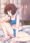  ahoge asaga_aoi bangs barefoot blue_bra blue_panties blunt_bangs bra breasts brown_eyes brown_hair eyebrows_visible_through_hair from_side indoors kantai_collection kishinami_(kantai_collection) looking_at_viewer midriff navel on_bed panties short_hair shouji sitting sliding_doors small_breasts smile sports_bra tatami translation_request underwear underwear_only wavy_hair 