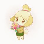  1girl animal_ears artist_name ayu_(mog) barefoot blonde_hair blush_stickers bouquet brown_jacket commentary dog_ears dog_girl dog_tail doubutsu_no_mori flower full_body furry green_skirt hair_ornament holding holding_bouquet jacket nintendo shizue_(doubutsu_no_mori) simple_background skirt solo standing tail topknot white_background 