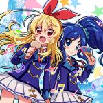  2girls aikatsu! aikatsu!_(series) beamed_eighth_notes beamed_sixteenth_notes blonde_hair blue_eyes blue_hair blue_jacket blue_scrunchie blush bow closed_mouth commentary_request cowboy_shot eighth_note eyebrows_visible_through_hair hair_between_eyes hair_bow hand_holding highres holding hoshimiya_ichigo idol jacket kingin kiriya_aoi long_hair long_sleeves miniskirt multiple_girls musical_note neck_ribbon open_mouth pleated_skirt quarter_note red_bow red_eyes red_ribbon ribbon school_uniform scrunchie side_ponytail single_horizontal_stripe single_stripe skirt smile star starlight_academy_uniform white_skirt 