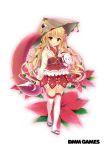  1girl blonde_hair copyright_name dagger dmm flower_knight_girl full_body highres karakasa_obake long_hair long_tongue looking_at_viewer miniskirt official_art poinsettia_(flower_knight_girl) red_skirt skirt slippers standing tagme tongue umbrella weapon white_background white_legwear 