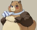  2019 anthro belly blush brown_fur canid canine fur ghibli humanoid_hands male mammal overweight overweight_male pom_poko pomupomu490 raccoon_dog scarf simple_background solo tanuki 