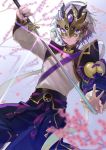  1boy ahoge chinese_armor chinese_clothes cleavage_cutout closed_mouth commentary_request fate/grand_order fate_(series) flower gao_changgong_(fate) hayama_eishi holding holding_sword holding_weapon horned_mask horns jewelry looking_at_viewer male_focus mask masked open_eyes ornament petals purple_eyes short_hair silver_hair solo sword tree_branch weapon 
