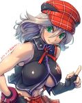  1girl alisa_ilinichina_amiella amania_orz bare_shoulders breasts cabbie_hat elbow_gloves fingerless_gloves gloves god_eater green_eyes hat large_breasts long_hair looking_at_viewer navel silver_hair skirt sleeveless solo suspender_skirt suspenders underboob 