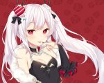  1girl :p azur_lane bangs bare_shoulders bekotarou black_dress black_ribbon breasts bridal_gauntlets china_dress chinese_clothes cleavage dress fang feather_boa finger_to_mouth floating_hair floral_background frills hair_ornament hair_ribbon hand_up heart heart_hair_ornament long_hair looking_at_viewer nail_polish pointy_ears red_background red_eyes red_nails ribbon sidelocks sleeveless sleeveless_dress slit_pupils small_breasts smile solo striped tongue tongue_out twintails upper_body vampire_(azur_lane) white_hair 