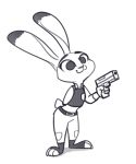  2018 :3 ambiguous_gender anthro belt bulletproof_vest clothed clothing delet_this dipstick_ears disney fuel_(artist) greyscale gun hand_behind_back handgun holding_object holding_weapon judy_hopps lagomorph leporid mammal meme monochrome pistol police_uniform rabbit ranged_weapon simple_background smile solo standing toeless_shoes uniform weapon white_background zootopia 