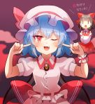  1girl 60mai ;d ascot bangs bare_shoulders bat_wings black_hair blue_hair blush bow brooch commentary_request crossed_arms detached_sleeves dress eyebrows_visible_through_hair fang fog gradient gradient_background grey_background hair_between_eyes hair_bow hair_tubes hakurei_reimu hands_up hat hat_ribbon jewelry jitome long_sleeves looking_at_viewer one_eye_closed open_mouth pink_dress pink_headwear pointing pointing_at_self puffy_short_sleeves puffy_sleeves purple_background red_bow red_dress red_eyes red_neckwear red_ribbon remilia_scarlet ribbon short_hair short_sleeves sidelocks smile solo touhou translation_request upper_body wide_sleeves wings |_| 