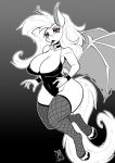  2019 anthro bat_pony bat_wings big_breasts breasts cleavage clothed clothing digital_media_(artwork) equid eyelashes eyeshadow fangs female fishnet fishnet_legwear flutterbat_(mlp) fluttershy_(mlp) friendship_is_magic hair halftone_background legwear long_hair looking_at_viewer makeup mammal membranous_wings monochrome my_little_pony pattern_background red_eyes signature simple_background slit_pupils solo spot_color wings zwitterkitsune 