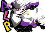  2019 alp_(tas) anthro black_nose clothing cute_fangs english_text fur giant_panda hat humanoid_hands male mammal overweight overweight_male pihii3 purple_fur shirt solo text tokyo_afterschool_summoners tongue topwear ursid video_games yellow_sclera 