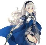  1girl aisutabetao armor blue_cape cape female_my_unit_(fire_emblem_if) fire_emblem fire_emblem_if gloves hair_between_eyes hair_ornament hairband long_hair mamkute my_unit_(fire_emblem_if) nintendo panties pointy_ears red_eyes silver_hair simple_background solo sword underwear weapon white_background white_hair 