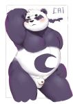  2019 alp_(tas) anthro balls belly black_nose blush cai1448331577 flaccid fur giant_panda humanoid_hands male mammal moobs navel nipples one_eye_closed overweight overweight_male penis purple_fur simple_background solo tokyo_afterschool_summoners ursid video_games white_background wink 