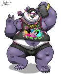  2019 alp_(tas) anthro belly blush clothing fur giant_panda hat humanoid_hands lakalando male mammal navel overweight overweight_male purple_fur solo tokyo_afterschool_summoners underwear ursid video_games 