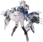  1girl ahoge armor azur_lane bangs black_gloves blue_jacket blush boots breasts cannon clothes_writing dress fish_hair_ornament full_body gloves grey_dress grey_eyes grey_footwear grey_hair grey_legwear hair_ornament hand_up holding jacket large_breasts long_hair nail_polish nineo official_art open_mouth partly_fingerless_gloves rigging seattle_(azur_lane) shin_guards shrug_(clothing) sidelocks skindentation smile standing swept_bangs thighhighs transparent_background turret turtleneck white_nails wind wind_lift wrist_cuffs 