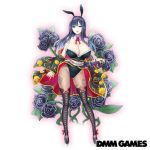  1girl animal_ears bangs bare_shoulders black_baccara_(flower_knight_girl) black_flower black_legwear black_rose breasts bunny_ears bunnysuit cleavage copyright_name dmm flower flower_knight_girl full_body hair_ornament large_breasts long_hair looking_at_viewer official_art open_mouth pale_skin purple_eyes purple_hair rose sash smile solo standing tagme white_background 