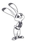  2018 :3 ambiguous_gender anthro belt bulletproof_vest clothed clothing dipstick_ears disney fuel_(artist) greyscale hands_behind_back judy_hopps lagomorph leporid mammal monochrome police_uniform rabbit simple_background smile solo standing toeless_shoes uniform white_background zootopia 