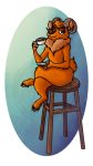  anthro beverage blue_eyes bovid caprine curled_horns digital_media_(artwork) hooves male mammal neck_tuft randomravenart sheep smug solo stool tea trav_(travellingmerchant) tuft 