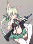  1girl :p animal_ear_fluff animal_ears art556_(girls_frontline) bangs bare_shoulders blush bow brown_eyes cat_ears commentary_request crop_top eyebrows_visible_through_hair girls_frontline gloves green_bow green_hair green_skirt grey_background gun hair_between_eyes hair_bow highres knee_up long_hair midriff navel no_shoes object_namesake pleated_skirt shinopoko shirt sitting skirt sleeveless sleeveless_shirt solo taurus_art556 thighhighs tongue tongue_out twintails very_long_hair weapon white_gloves white_legwear white_shirt 