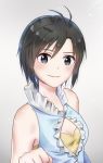  1girl antenna_hair black_eyes black_hair blush breasts cleavage cleavage_cutout clenched_hand collarbone eyebrows_visible_through_hair grey_background hair_between_eyes highres idolmaster idolmaster_(classic) kikuchi_makoto looking_at_viewer mogskg short_hair sleeves small_breasts smile solo upper_body 