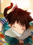  2019 animal_humanoid brown_hair cat_humanoid child clothed clothing eyes_closed felid felid_humanoid feline feline_humanoid hair humanoid male mammal pillow sleeping solo sweater thebrushking topwear underwear young 