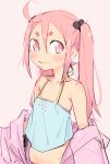 1girl absurdres ahoge blush camisole earrings edisonabismo female flat_chest happy_(eds) highres jewelry original pink_background pink_eyes pink_hair simple_background smile solo twintails 