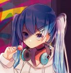 artist_name bandage bandage_on_face bangs beige_hoodie beige_sweater blue_hair candy clenched_hand collar commentary earpiece earrings food hair_ornament hairclip hatsune_miku headphones headphones_around_neck holding_lollipop hood hooded_sweater hoodie jewelry lollipop long_hair looking_at_viewer mame_kuri multicolored multicolored_background purple_eyes serious shiny shiny_clothes shiny_hair shiny_skin sparkling_eyes sweater twintails very_long_hair vocaloid 
