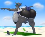  2019 arola beach bent_over big_breasts blues64 breasts butt changeling clothing cloud female hi_res horn huge_breasts hyper hyper_breasts mr.pink my_little_pony nipples open_mouth seaside sinyxstra solo sweat wardrobe_malfunction 