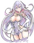  1girl :d bangs blue_eyes breasts center_opening crossed_bangs dress enpe eyebrows_visible_through_hair garter_straps hair_between_eyes hand_on_hip highres isabelle_(shadowverse) large_breasts long_hair long_sleeves looking_at_viewer multicolored_hair open_mouth purple_hair purple_legwear shadowverse short_dress simple_background smile solo thighhighs thighs two-tone_hair very_long_hair white_background white_hair 