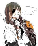  1girl black_eyes black_hair braid cigarette eyepatch girls_frontline gun holding holding_gun holding_weapon long_hair looking_at_viewer m16a1_(girls_frontline) mole mole_under_eye osakana_(denpa_yun&#039;yun) scar simple_background sketch smoking solo weapon white_background 