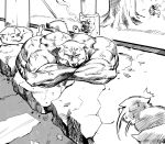  animal_focus chunk-san commentary_request crack crossed_arms eyes_closed fox greyscale highres lamppost lying meme monochrome muscle muscle_fox no_humans on_stomach original road sketch street veins 