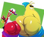  2019 alien ass_to_ass balls big_butt butt clothed clothing digital_media_(artwork) earl_(toejam_&amp;_earl) gesture gold_(metal) gold_chain jewelry looking_at_viewer looking_back necklace pants_down partially_clothed red_skin sssonic2 toejam toejam_&amp;_earl v_sign yellow_skin 