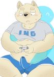  2016 anthro belly black_nose blush bulge canid canine canis clothed clothing cum domestic_dog duo erection hug hugging_from_behind male male/male mammal och5 open_shirt overweight overweight_male shirt sitting topwear underwear video_games 