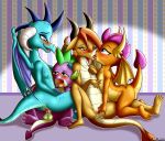  2019 4_toes anibaruthecat anthro balls blush dragon drooling female fingering fingering_partner friendship_is_magic group hair hand_holding harem hi_res horn inside male male_penetrating membranous_wings my_little_pony ocellus_(mlp) open_mouth penetration penis princess_ember_(mlp) pussy pussy_juice saliva sex smolder_(mlp) spike_(mlp) toes tongue vaginal vaginal_fingering wings young 