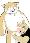  2016 anthro balls belly black_nose blush canid canine canis domestic_dog drooling duo erection eyes_closed humanoid_hands humanoid_penis male male/male mammal och5 overweight overweight_male penis saliva simple_background sitting sweat white_background 