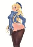  1girl absurdres ass atago_(kantai_collection) bangs beret blonde_hair blue_eyes blush bow bow_panties breasts closed_mouth detached_sleeves eyebrows_visible_through_hair from_behind gloves hat highres kantai_collection large_breasts long_hair long_sleeves looking_at_viewer looking_back panties pantyhose pantyhose_pull pulled_by_self scan shiny shiny_hair simple_background smile solo thighs underwear white_panties yahako 