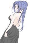  1girl ass bare_shoulders black_dress blue_hair blush dress frapowa long_hair love_live! love_live!_school_idol_project low-cut matsuura_kanan ponytail sketch smile solo white_background 