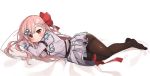  1girl arm_up bangs bed_sheet blush bow braid breasts brown_legwear closed_mouth dakimakura eyebrows_visible_through_hair full_body girls_frontline gloves hair_between_eyes hair_bow hair_ornament hairclip hexagram jacket long_hair long_sleeves lying negev_(girls_frontline) no_shoes on_side one_side_up pantyhose pink_hair pleated_skirt red_bow red_eyes side_braid single_braid skirt small_breasts smile solo star_of_david thighband_pantyhose torn_clothes torn_skirt tsuka very_long_hair white_background white_gloves white_jacket white_skirt 