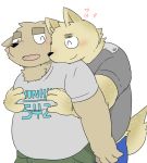  &lt;3 2016 anthro belly black_nose blush canid canine canis clothing domestic_dog duo eyes_closed grope hug hugging_from_behind male male/male mammal moobs och5 shirt shorts simple_background topwear white_background 