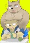  2016 anthro belly black_nose blush canid canine canis clothing cute_fangs domestic_dog duo eyes_closed hoodie humanoid_hands male male/male mammal moobs och5 overweight overweight_male phone simple_background sitting underwear yellow_background 