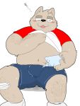  2015 anthro belly blush bulge canid canine canis clothed clothing domestic_dog eyes_closed japanese_text male mammal och5 open_shirt overweight overweight_male shirt shorts simple_background sitting solo sweat text topwear underwear white_background 