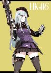  1girl assault_rifle beret black_legwear blue_hair breasts character_name girls_frontline gloves green_eyes gun h&amp;k_hk416 hair_ornament handgun hat highres hime_cut hk416_(girls_frontline) holding holding_gun holding_weapon holster jacket long_hair osakana_(denpa_yun&#039;yun) rifle skirt smile solo thigh_holster weapon white_gloves 