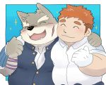  2017 anthro belly blush canid canine canis clothing domestic_dog duo eyes_closed hug human humanoid_hands male mammal moritaka och5 overweight overweight_male scar shirt tokyo_afterschool_summoners topwear video_games 