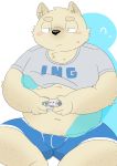  2016 anthro belly black_nose blush bulge canid canine canis clothed clothing domestic_dog duo hug hugging_from_behind male male/male mammal navel och5 open_shirt overweight overweight_male shirt topwear underwear video_games 