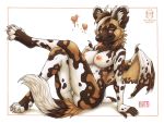  2019 african_wild_dog anthro breasts brown_eyes canid canine digital_media_(artwork) dragon female horn hybrid kacey mammal membranous_wings nipples pussy scalie sitting smile solo tongue wings 