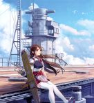  1girl absurdres akagi_(kantai_collection) animal armor arrow bird brown_eyes brown_hair cloud cloudy_sky day gloves hakama hakama_skirt highres japanese_clothes kantai_collection long_hair outdoors quiver red_hakama scan short_sleeves sitting skirt sky smile solo thighhighs white_legwear yahako zettai_ryouiki 