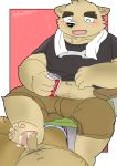  2017 4_toes anthro balls belly blush bulge canid canine canis clothing cum cum_on_feet domestic_dog duo eyes_closed feet foot_fetish footjob humanoid_hands japanese_text male male/male mammal navel och5 overweight overweight_male pawpads penis sex shirt shorts text toes topwear towel 