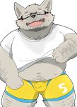  2016 anthro belly black_nose blush bulge canid canine canis clothed clothing cute_fangs domestic_dog eyewear glasses humanoid_hands male mammal navel och5 open_shirt overweight overweight_male shirt simple_background solo topwear underwear white_background 