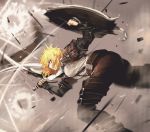  1girl between_breasts blonde_hair breasts glaring highres jun_(seojh1029) large_breasts leaning_over leather_armor motion_blur motion_lines original shield shirt short_hair shortsword_(seojh1029) solo strap_between_breasts sword weapon 