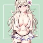  1girl absurdres bikini closed_mouth female_my_unit_(fire_emblem_if) fire_emblem fire_emblem_heroes fire_emblem_if flower hair_flower hair_ornament hairband highres long_hair my_unit_(fire_emblem_if) navel nintendo pointy_ears red_eyes simple_background smile solo steeb26 swimsuit twitter_username white_hair 