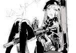  1girl assault_rifle beret girls_frontline gloves gun h&amp;k_hk416 hair_ornament hat hime_cut hk416_(girls_frontline) long_hair monochrome osakana_(denpa_yun&#039;yun) rifle sitting sketch skirt solo sweatdrop teeth thighhighs weapon 